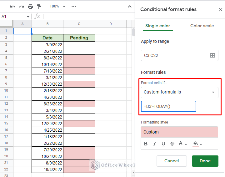 highlighting cells of a different column if date is after today in google sheets