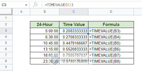 using timevalue on a 24-hour format time in google sheets