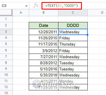 finding the weekday name in google sheets using the text function