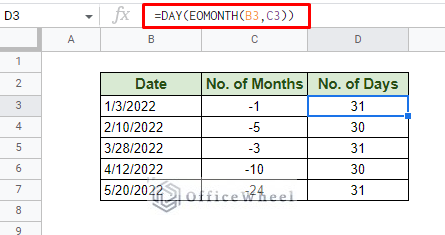 calculating the days in a month before the start date in google sheets