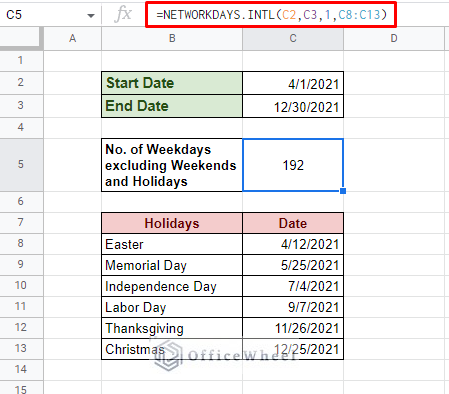 calculating days excluding weekends and holidays