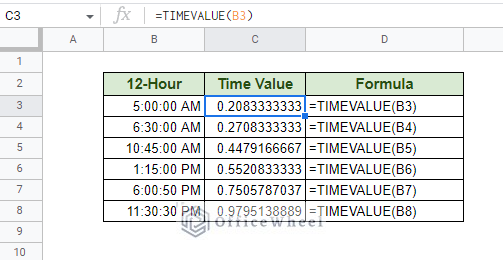 using timevalue on a 12-hour format time in google sheets