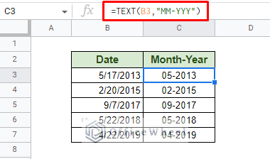 convert date to month and year in google sheets using the text function