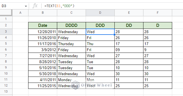 different day formats for date in google sheets