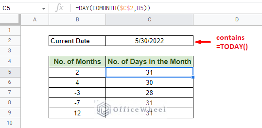 calculating the number of days in a month from the current date in google sheets