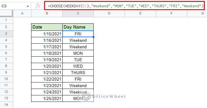 generating customized weekday name only in google sheets