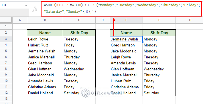 organize by the day of the week in google sheets