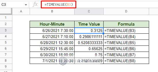 using timevalue on a date-time format time in google sheets