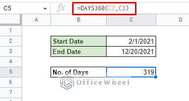 calculate days between two dates over a 360-day year in google sheets
