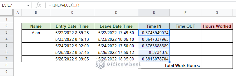 entering time in with the timevalue function