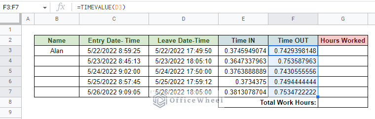 entering the out time with the timevalue function