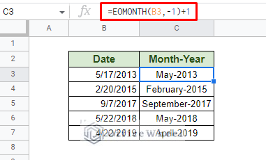 convert date to month and year in google sheets using the eomonth function