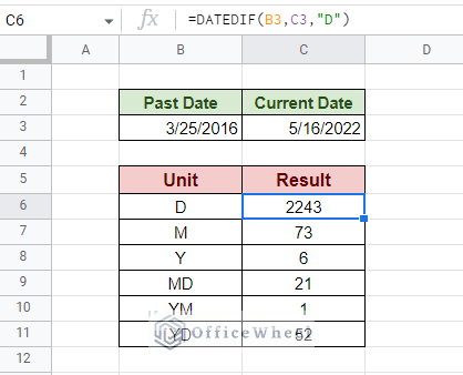 units and their results in the datedif function