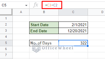calculate number of days between dates in google sheets with arithmetic subtraction