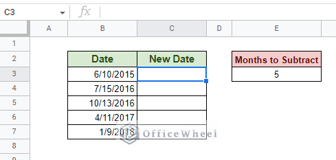 dataset to subtract months from in google sheets