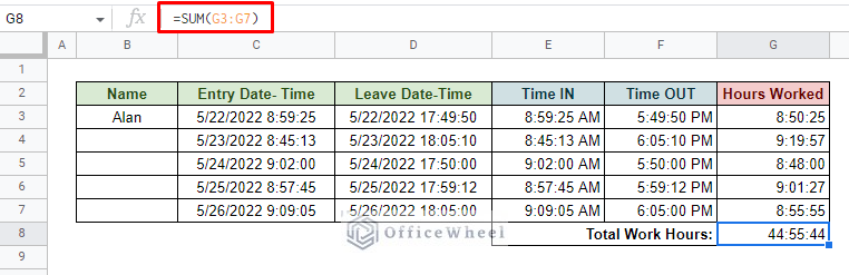 total hours worked calculated with the sum function