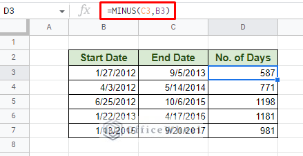 using the minus function to subtract dates in google sheets