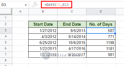 using the days function to find the number of days in google sheets