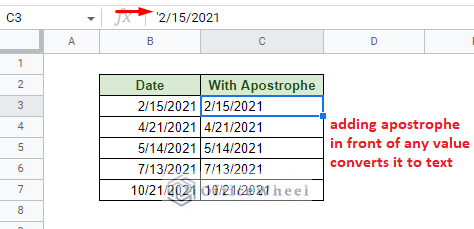 using apostrophe to convert date to string in google sheets