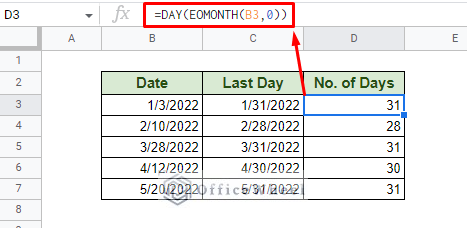 using eomonth and day function to find the number of days in a month in google sheets