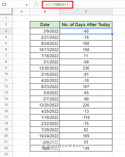 counting the number of days after today in google sheets