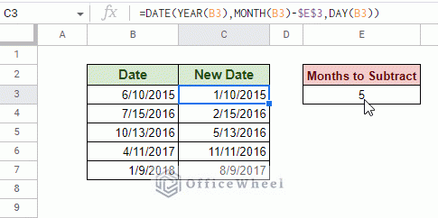 subtract months from date in google sheets using the date function animated