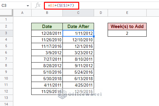 add 7 days to date as weeks in google sheets