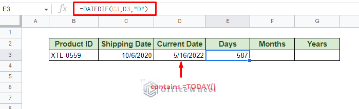 calculate days from today with datedif in google sheets