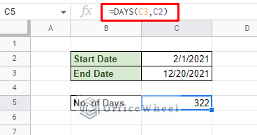 calculating days between dates with days function in google sheets