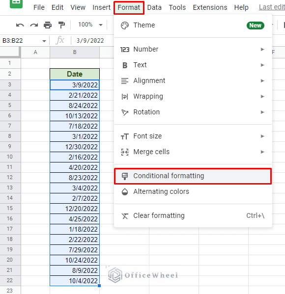 navigating to conditional formatting in google sheets