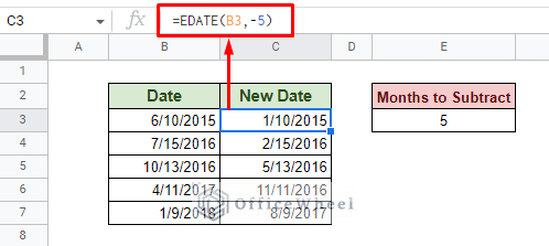 subtract months from date in google sheets using edate function