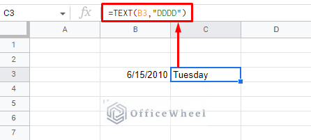 extract weekday name from date in google sheets using the text function