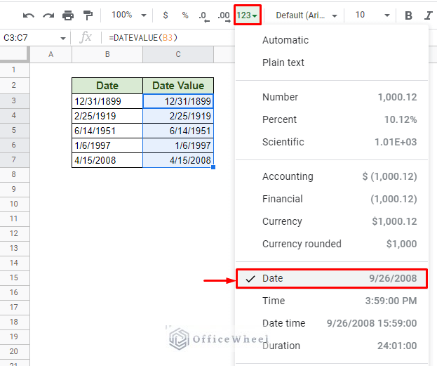 converting text to date using the datevalue function in google sheets