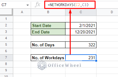 count work days between two dates in google sheets using networkdays function