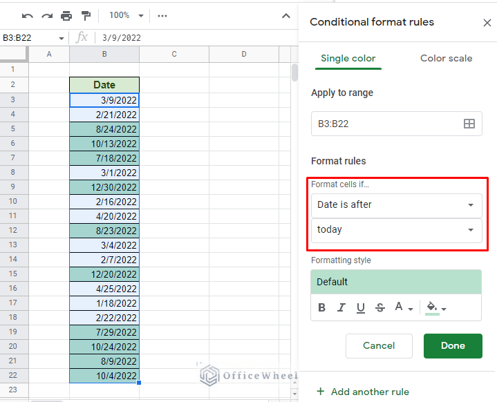 formatting conditions to highlight if date is after today in google sheets