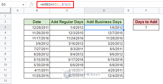 using workday function to add 7 business days to date in google sheets