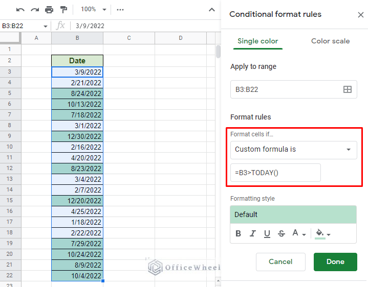 highlight cell if date is after today in google sheets using custom formula in conditional formatting