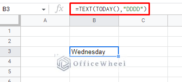 getting the weekday name of the current day in google sheets