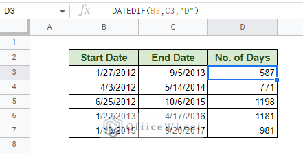 subtract dates in google sheets with the datedif function