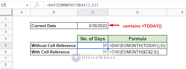 finding the number of days in the current month in google sheets 