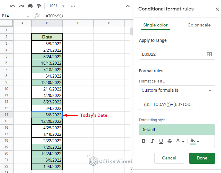 multiple condition highlight if date is today or after today in google sheets