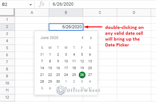 double clicking in any valid date cell will bring up the date picker in google sheets