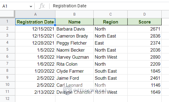 example dataset - filter pivot table with custom formula in google sheets