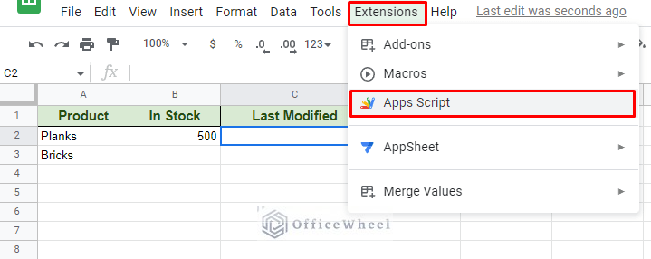 navigating to apps script from the extensions tab