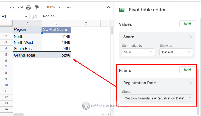 using custom formula to filter region data in a pivot table of google sheets