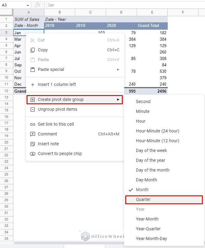navigating to group dates by quarter in a pivot table