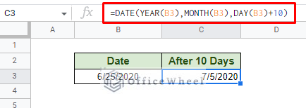 adding 10 days with the date function in google sheets