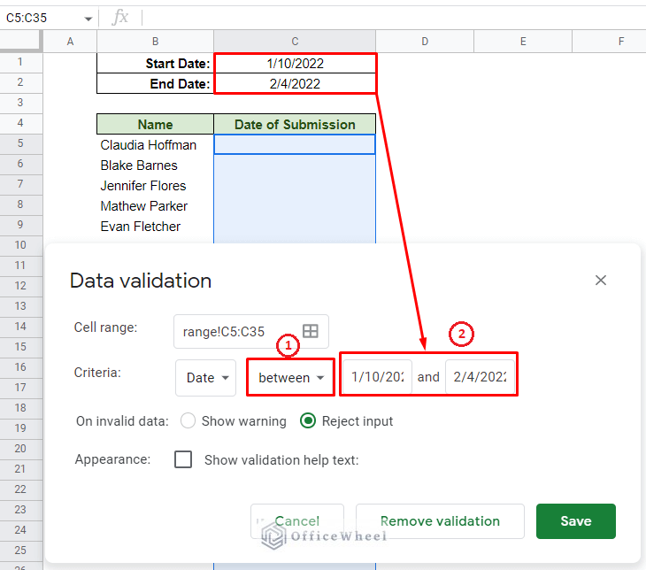 data validation conditions to accept only a valid range of dates