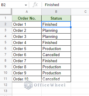 example worksheet of orders and respective statuses
