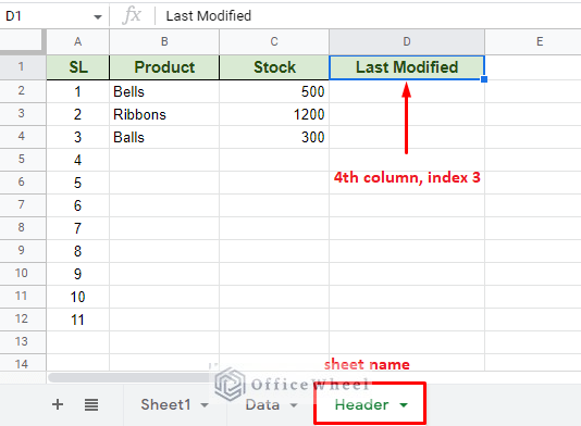 the worksheet name and the corresponding index of the last modified column